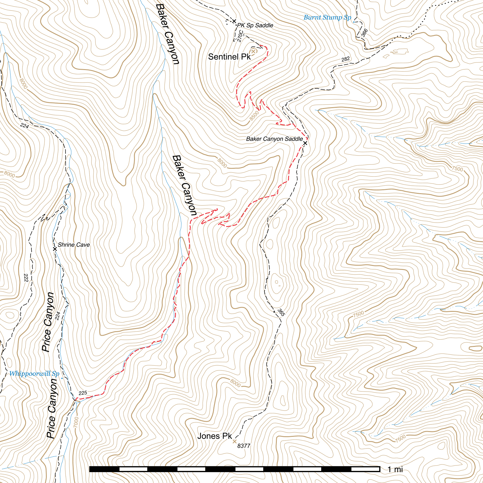 Topographic map of Baker Canyon Trail #225