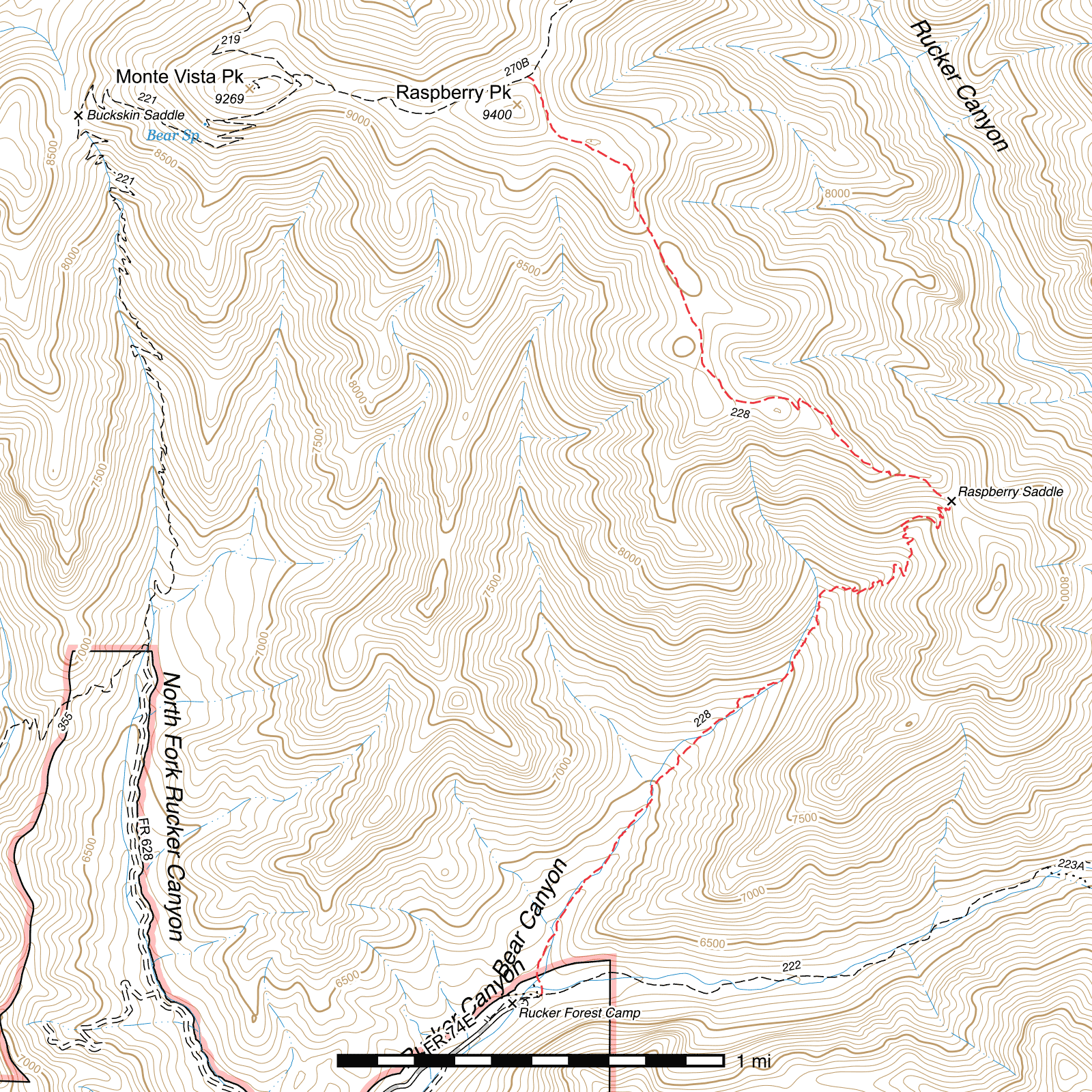 Topographic map of Raspberry Ridge Trail #228
