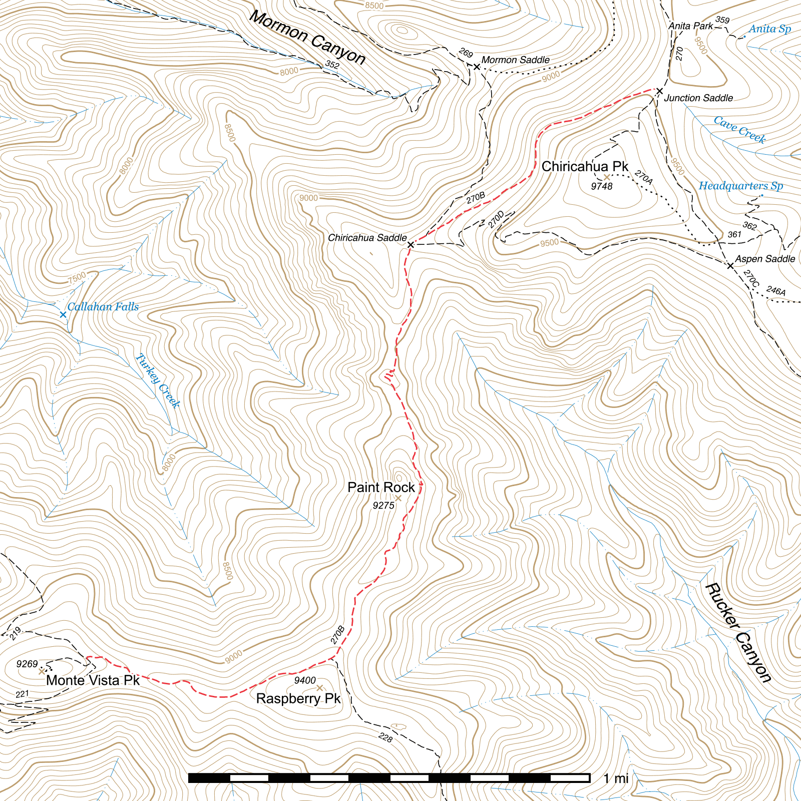 Topographic map of Crest Trail - Junction Saddle to Monte Vista Peak #270B