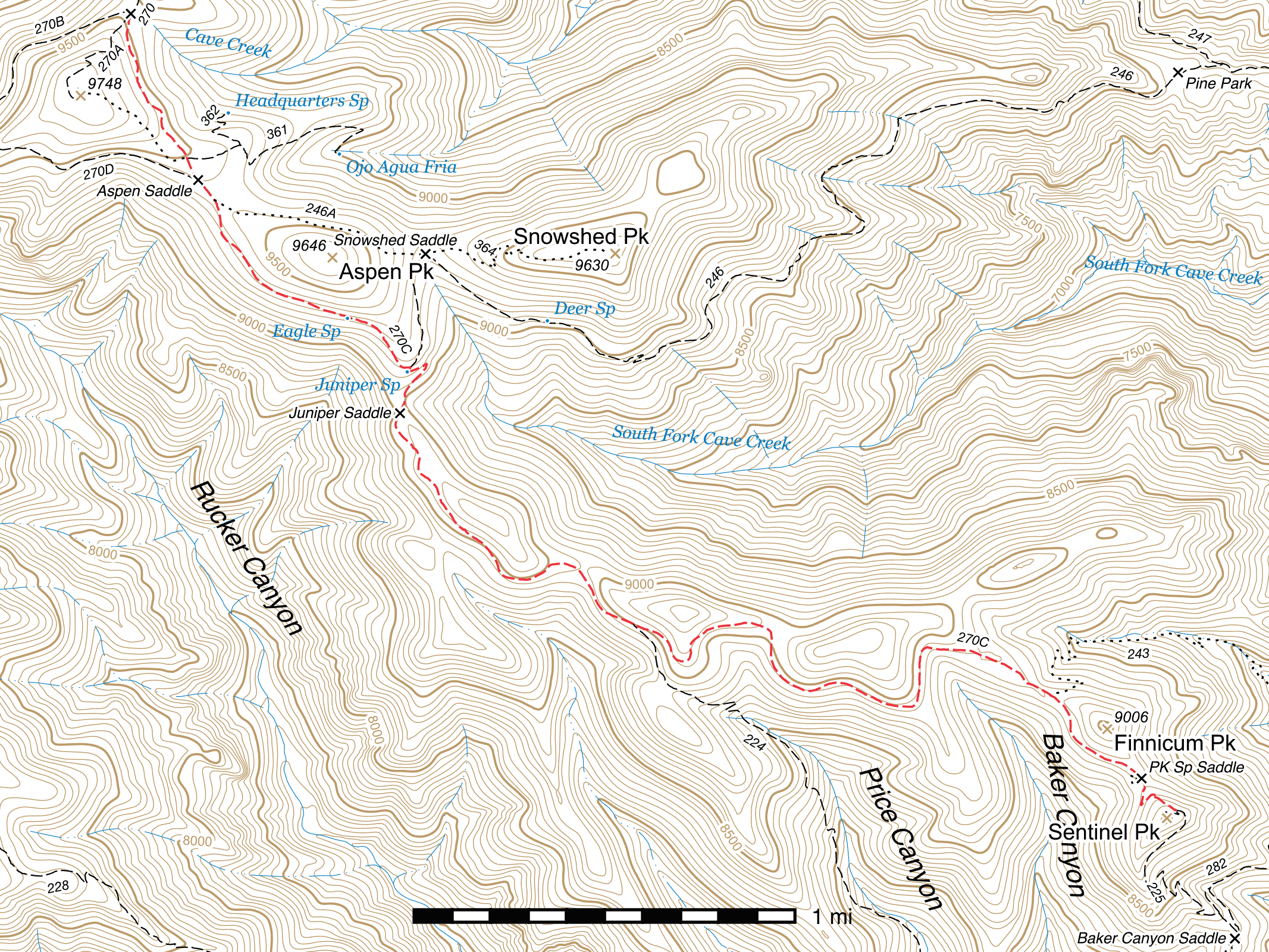 Topographic map of Crest Trail - Junction Saddle to Sentinel Peak #270C