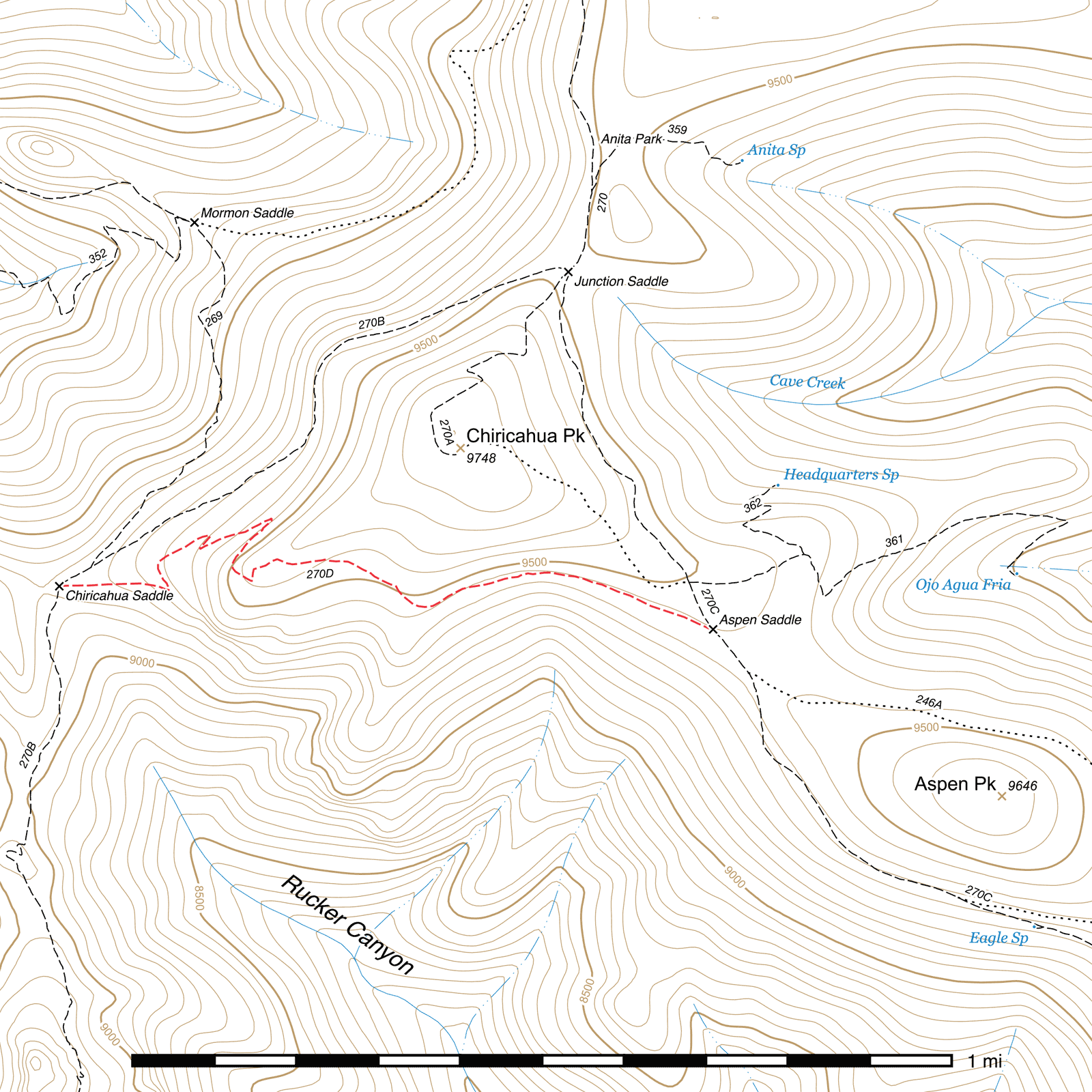 Topographic map of Crest Trail - Chiricahua Peak Bypass #270D
